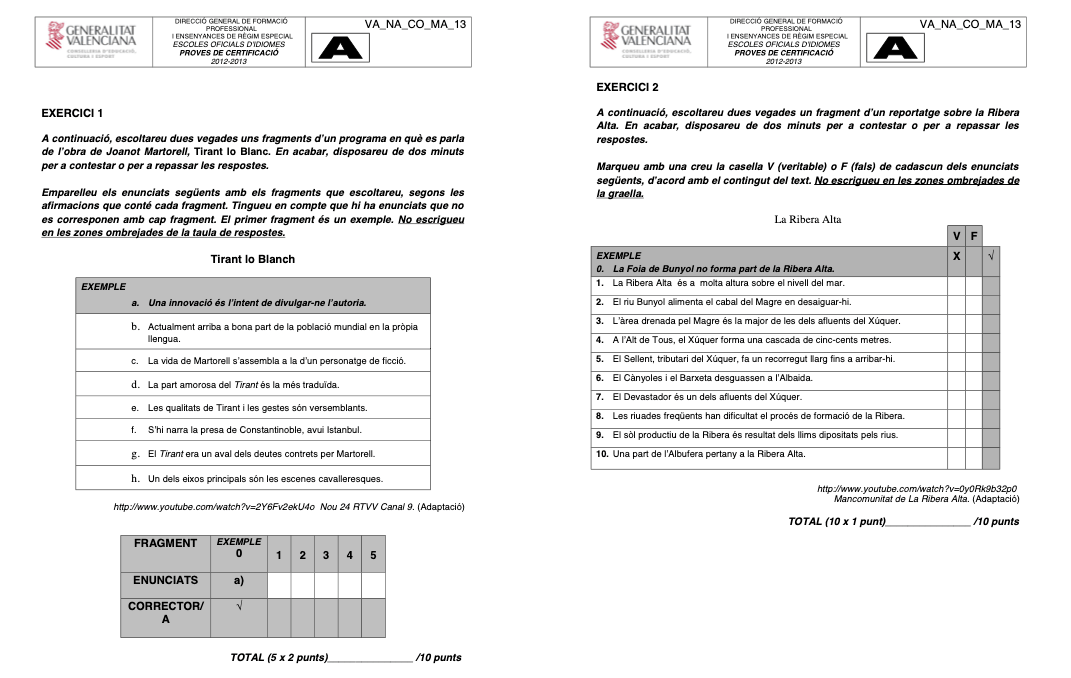Comprensión Escrita del Examen de Valenciano B2 de la EOI